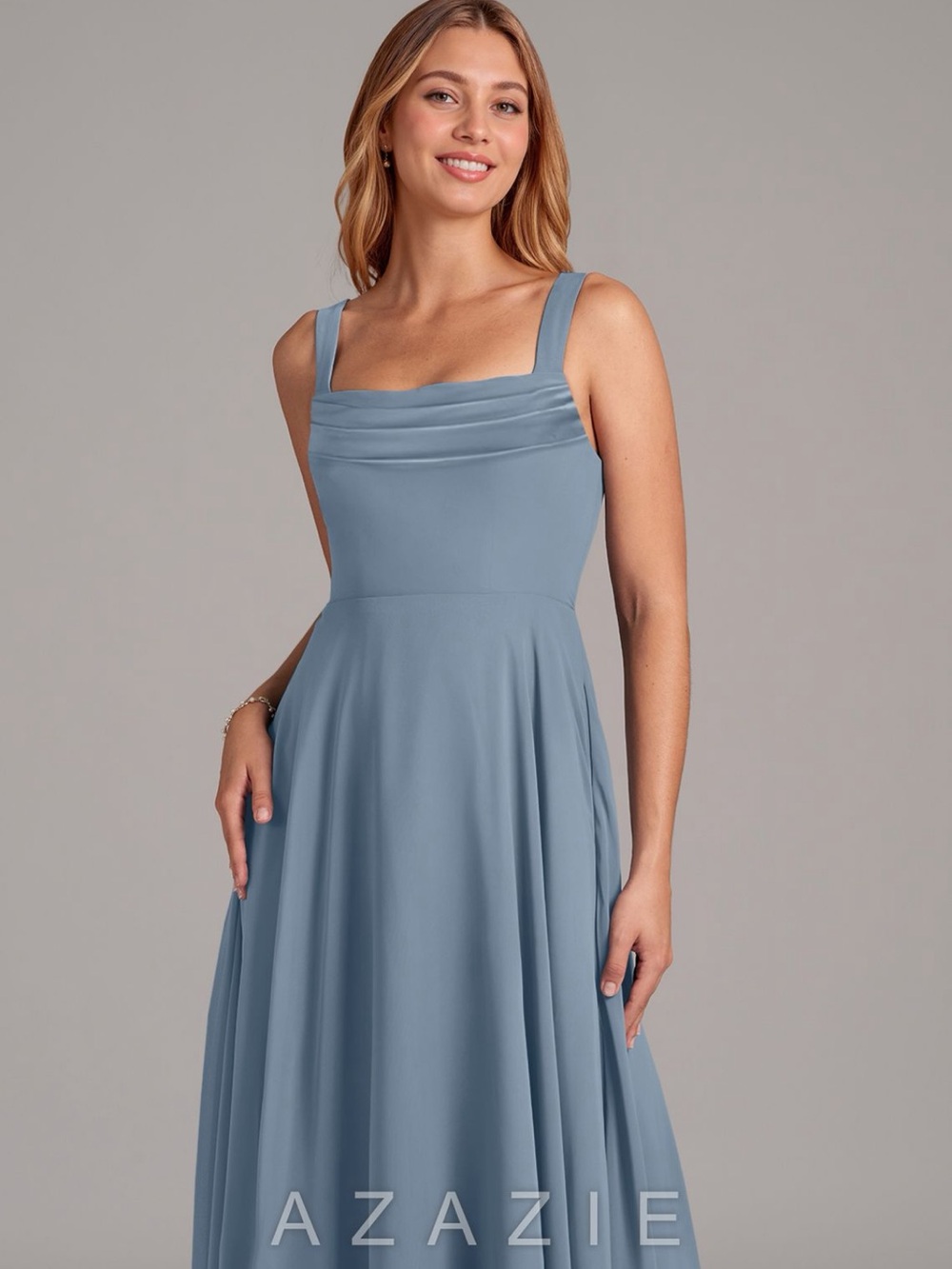 NWT Azazie Shaude A-Line Pleated Chiffon Formal Bridesmaid Dress in Dusty Blue - Picture 3 of 12